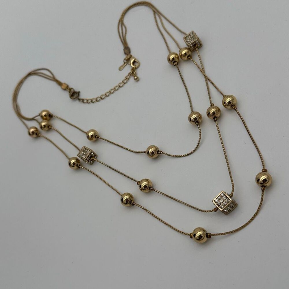 Roman Gold Tone Layered Station Necklace Rhinestone Cube Bead NWT Glam Statement
